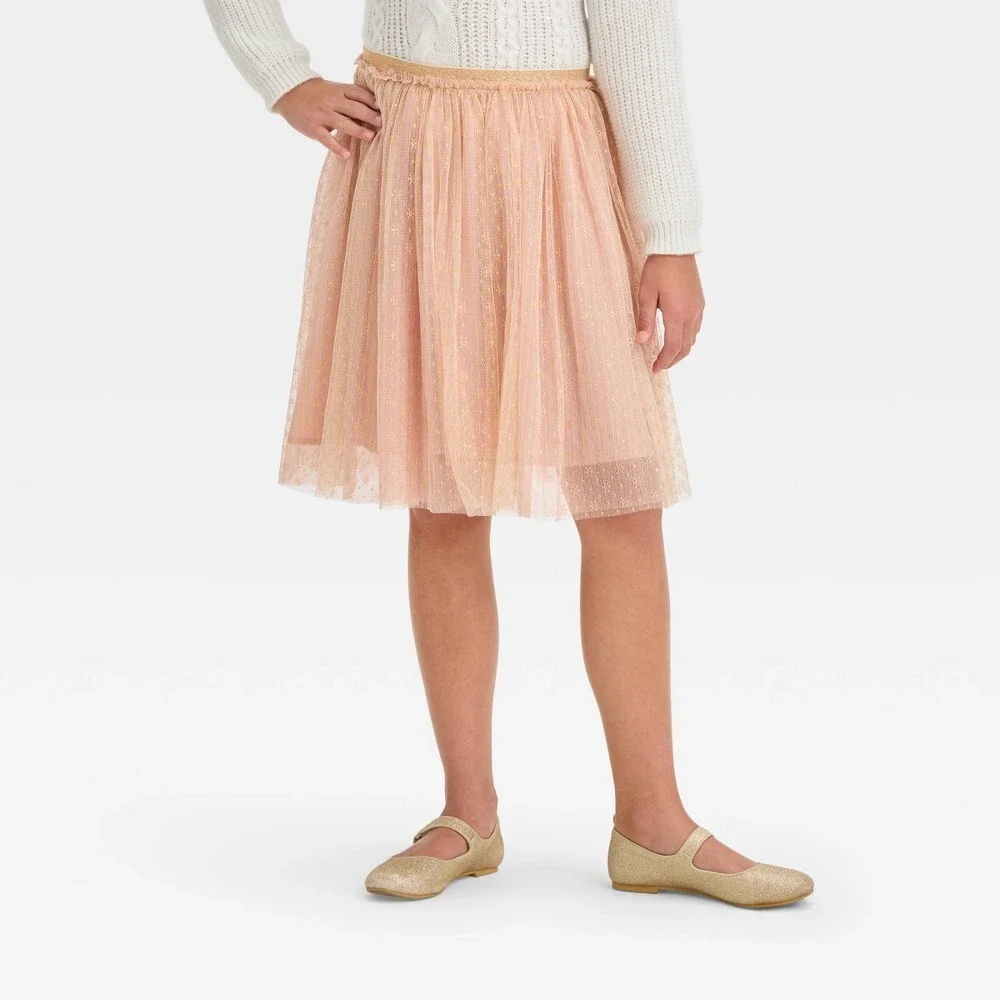 Girls' Pink Pull On Skirt Gold Embroidery Mesh Overlay Size X-Small 4/5